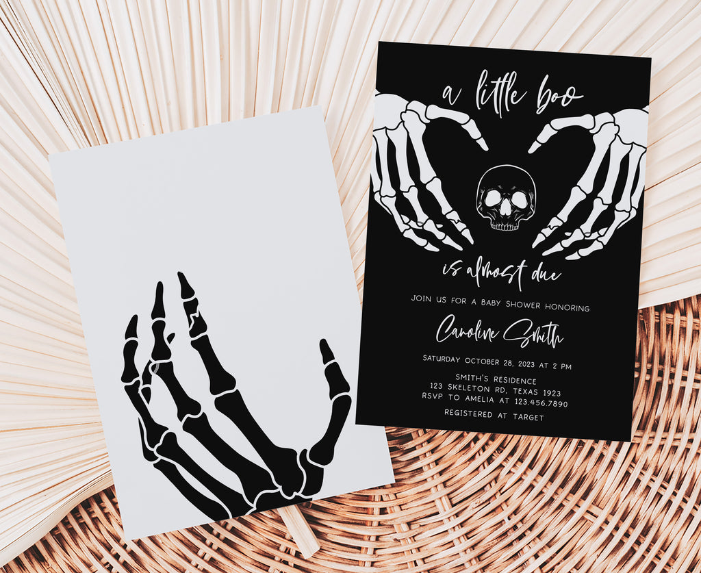 Digital skeleton hands baby shower card for instant download, Halloween-themed baby shower invitation for boy or girl