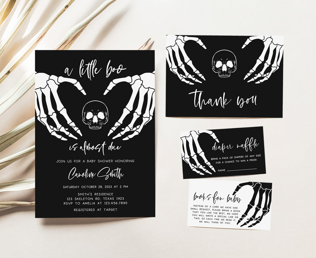 Skeleton hands Halloween baby shower invitation set, gender neutral gothic printable party kit