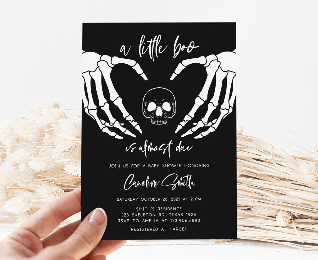 Printable Halloween baby shower invitation with skeleton design, gender neutral spooky baby shower invite for October celebration