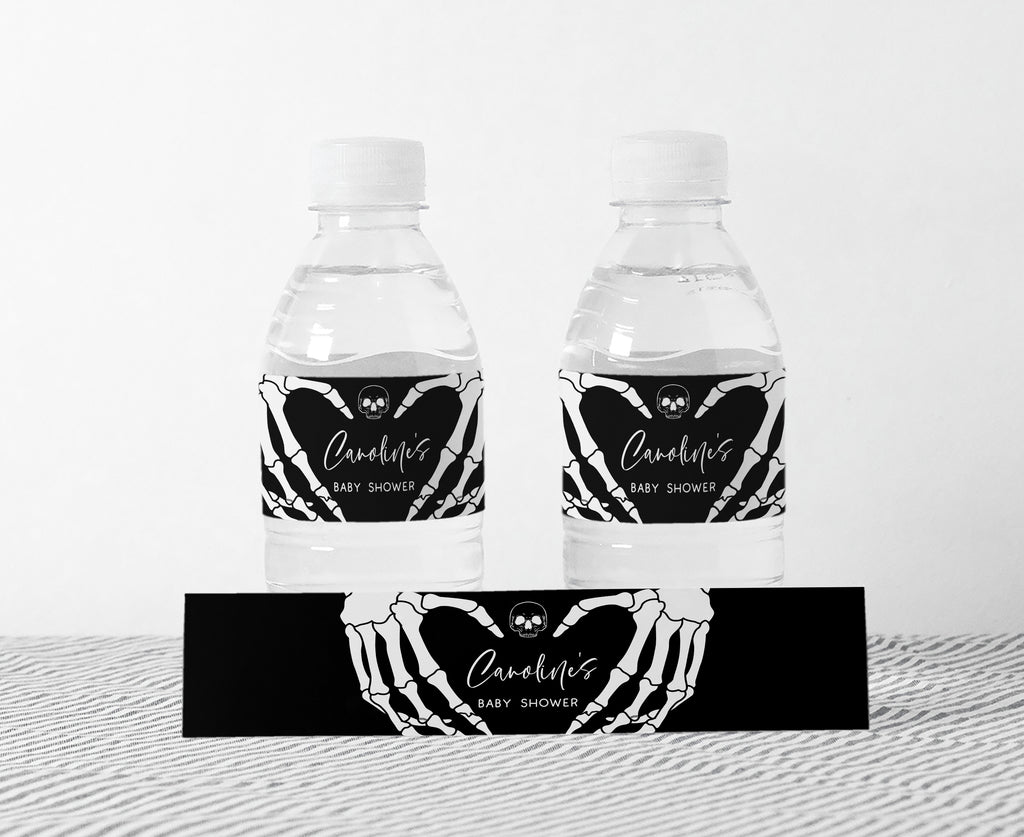Halloween baby shower bottle labels with skeleton hands, gender neutral spooky party decoration