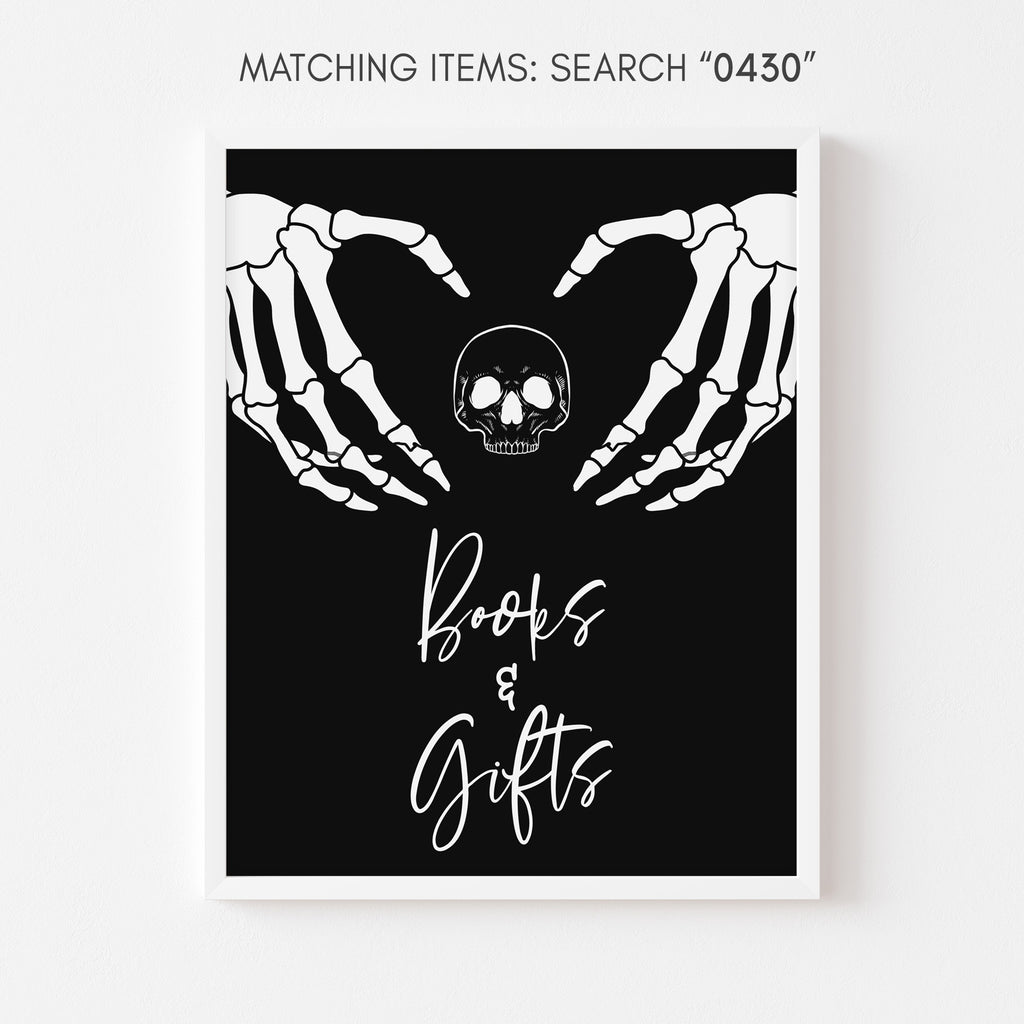 Skeleton hands Halloween baby shower Books and Gifts sign, gender neutral spooky party decoration