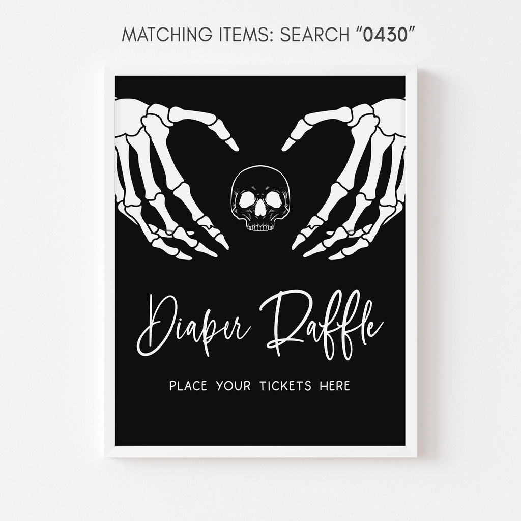 Gothic skeleton hands diaper raffle sign for Halloween baby shower, gender neutral printable décor