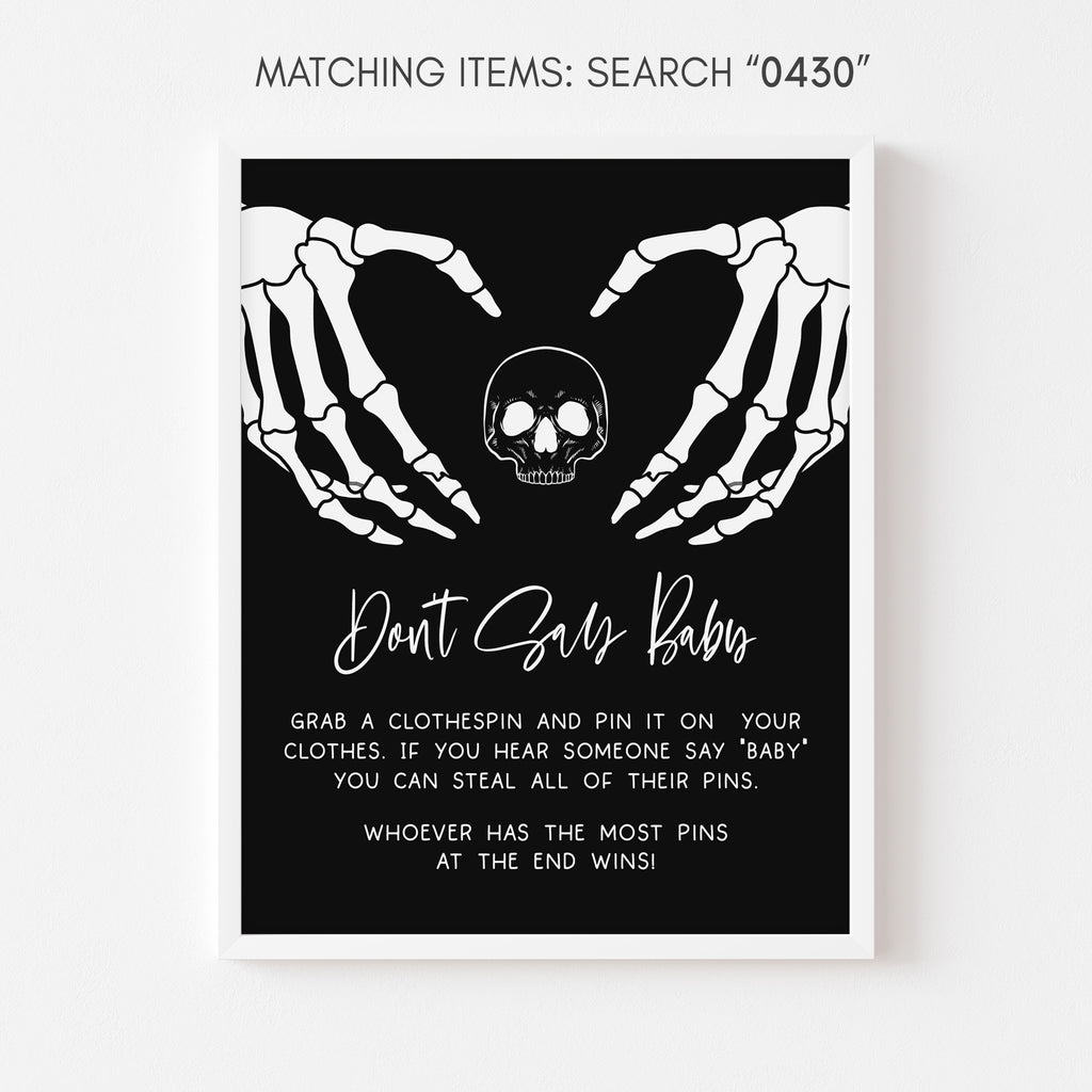 Halloween baby shower Don't Say Baby game sign, skeleton hands design, gender neutral spooky theme