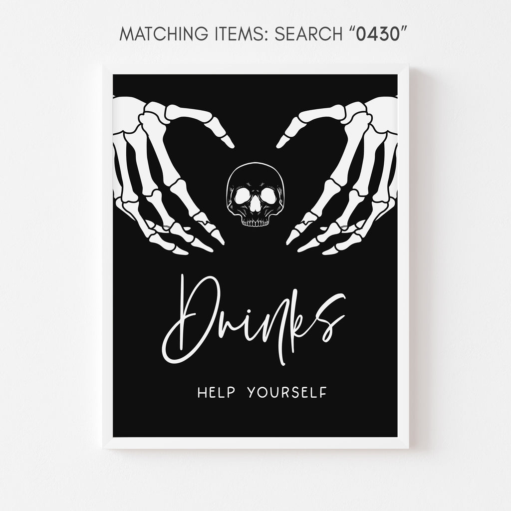 Spooky skeleton hands drinks sign for Halloween baby shower, gender neutral gothic party bar décor