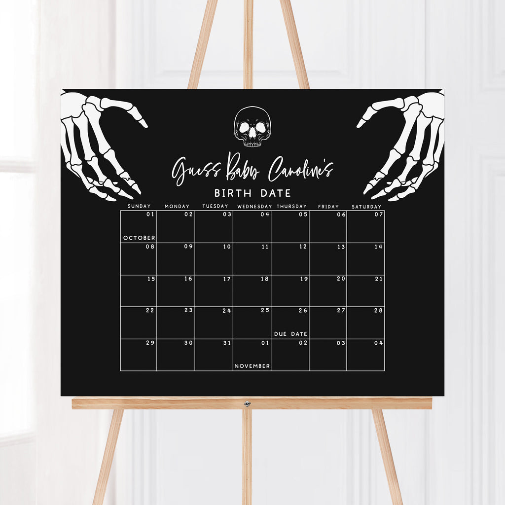 Printable Halloween baby shower due date calendar, skeleton design, gender neutral party game