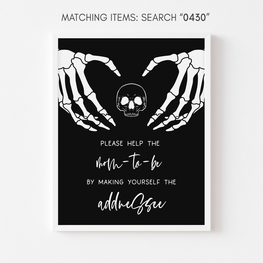 Skeleton hands Halloween baby shower envelope station sign, gender neutral spooky party decoration