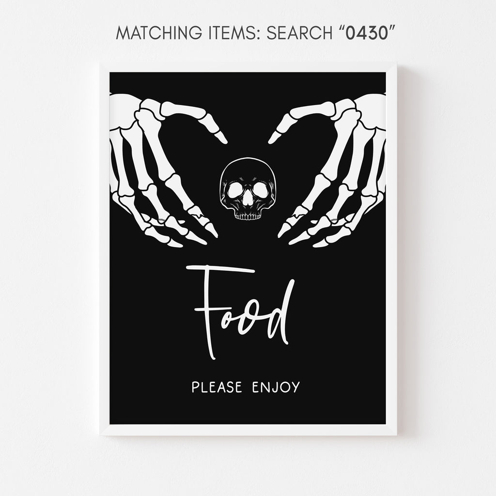 Spooky skeleton hands food sign for Halloween baby shower, gender neutral gothic party table decoration