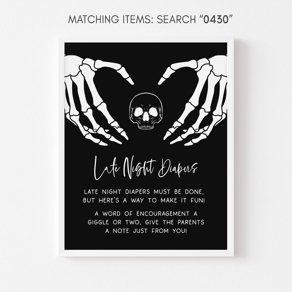 Halloween baby shower Late Night Diapers sign, skeleton hands design, gender neutral spooky décor