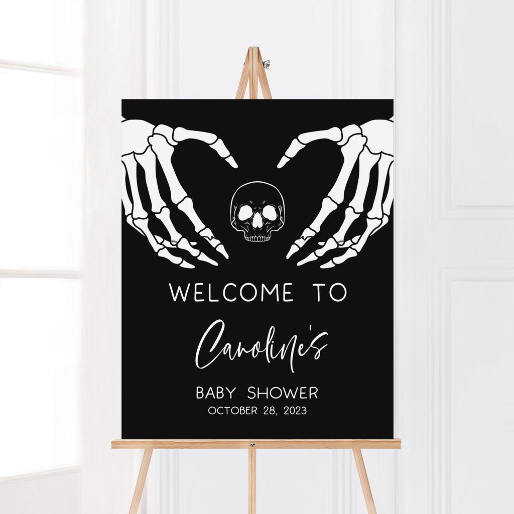 Spooky skeleton hands welcome sign for Halloween baby shower, gender neutral gothic party décor