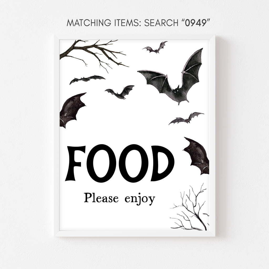 Halloween bat baby shower food sign – rustic fall party buffet table decor