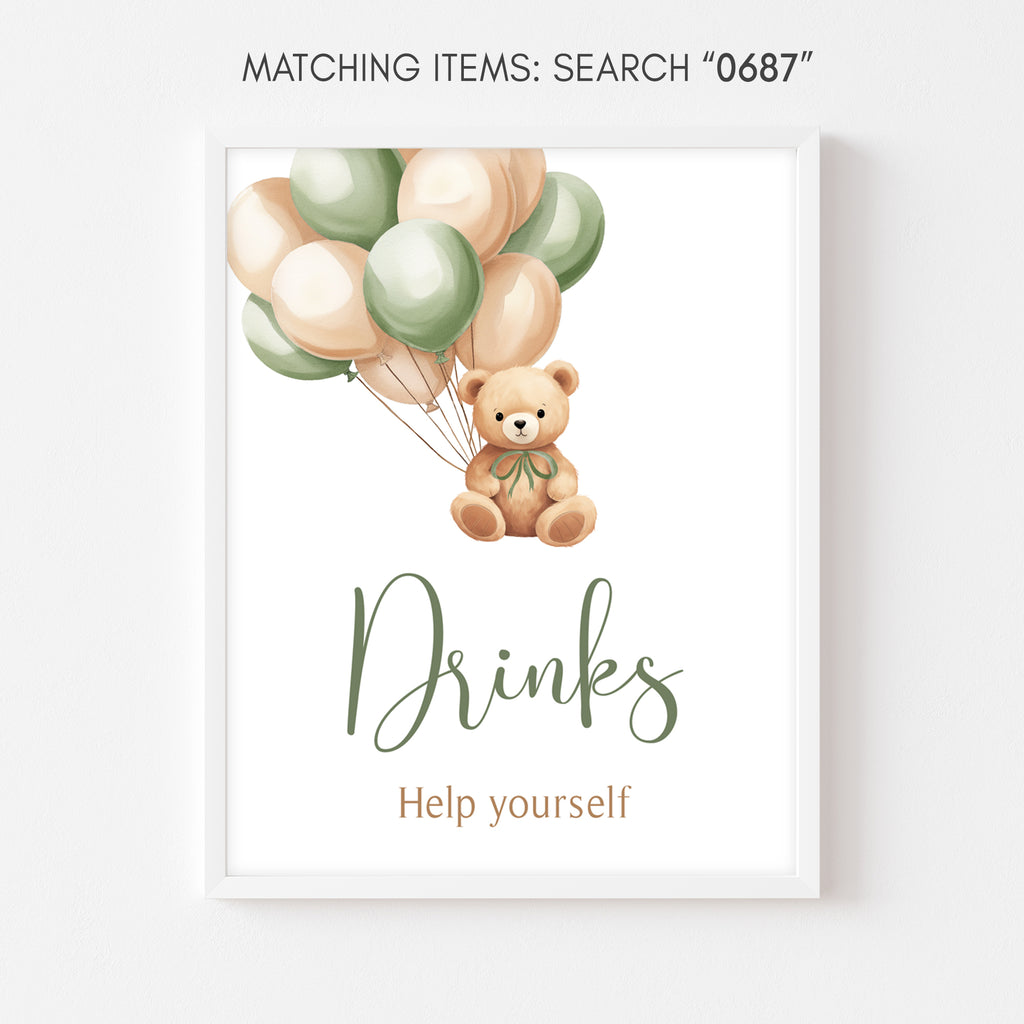 Green Bear Balloon Baby Shower Drinks Sign