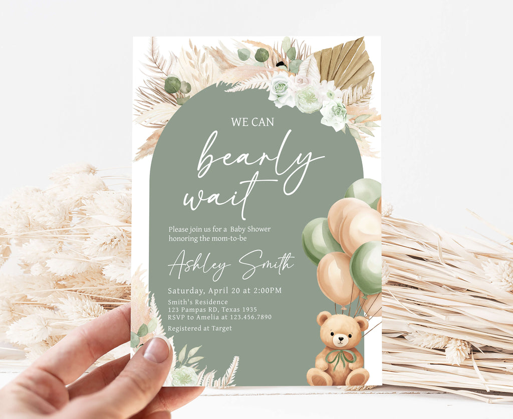 Green Bear Balloon Baby Shower Invitation