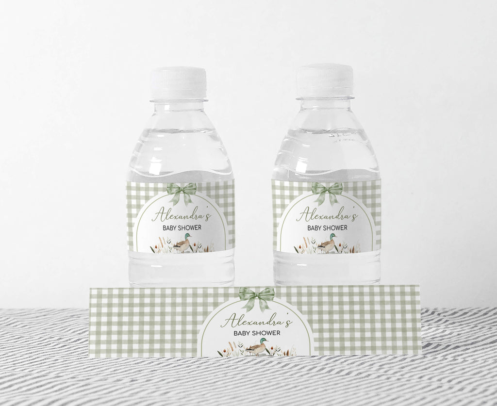 Sage green duck baby shower bottle labels with gingham pattern and rustic neutral design