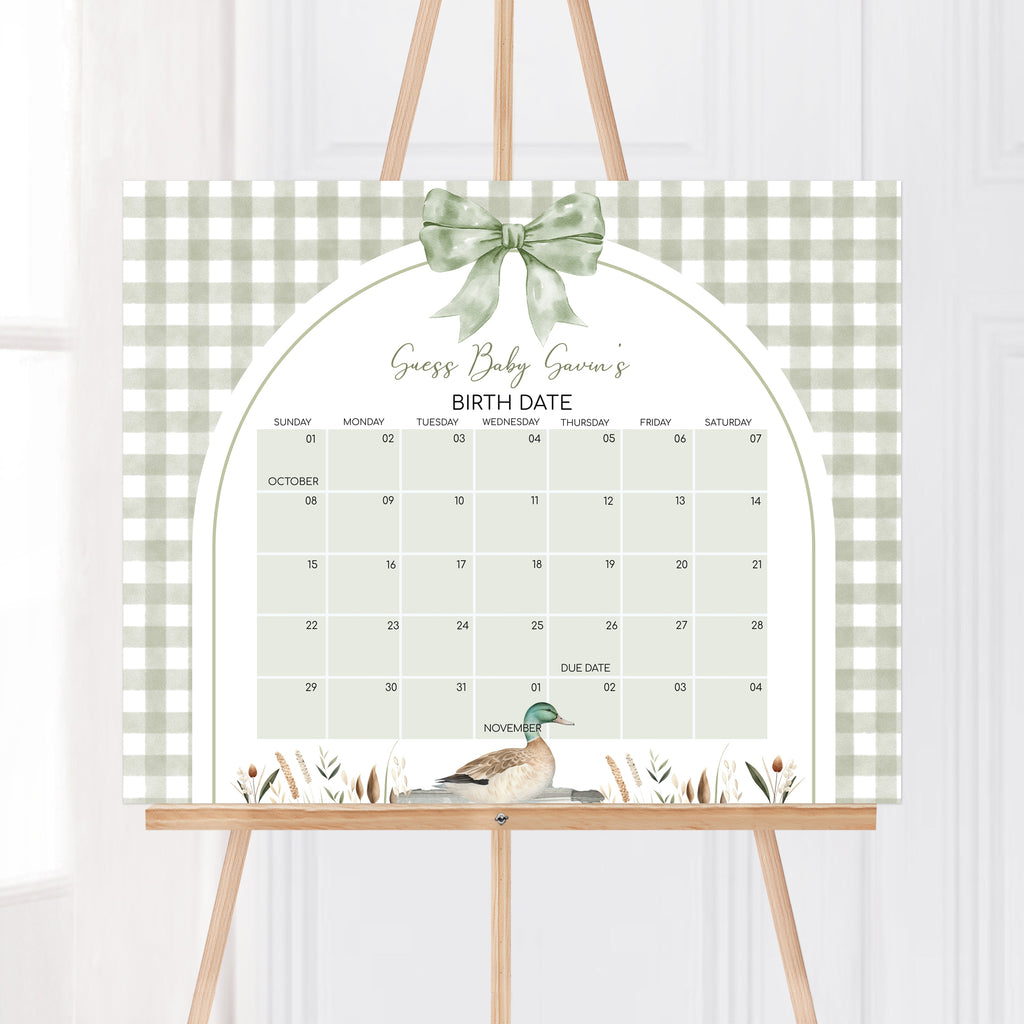 Gender neutral duck baby shower due date calendar in sage green gingham style