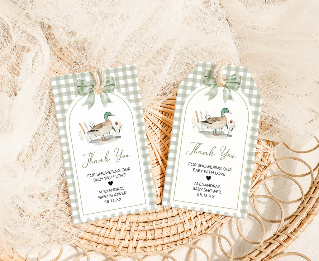 Rustic duck baby shower favor tags with sage green gingham and neutral woodland design