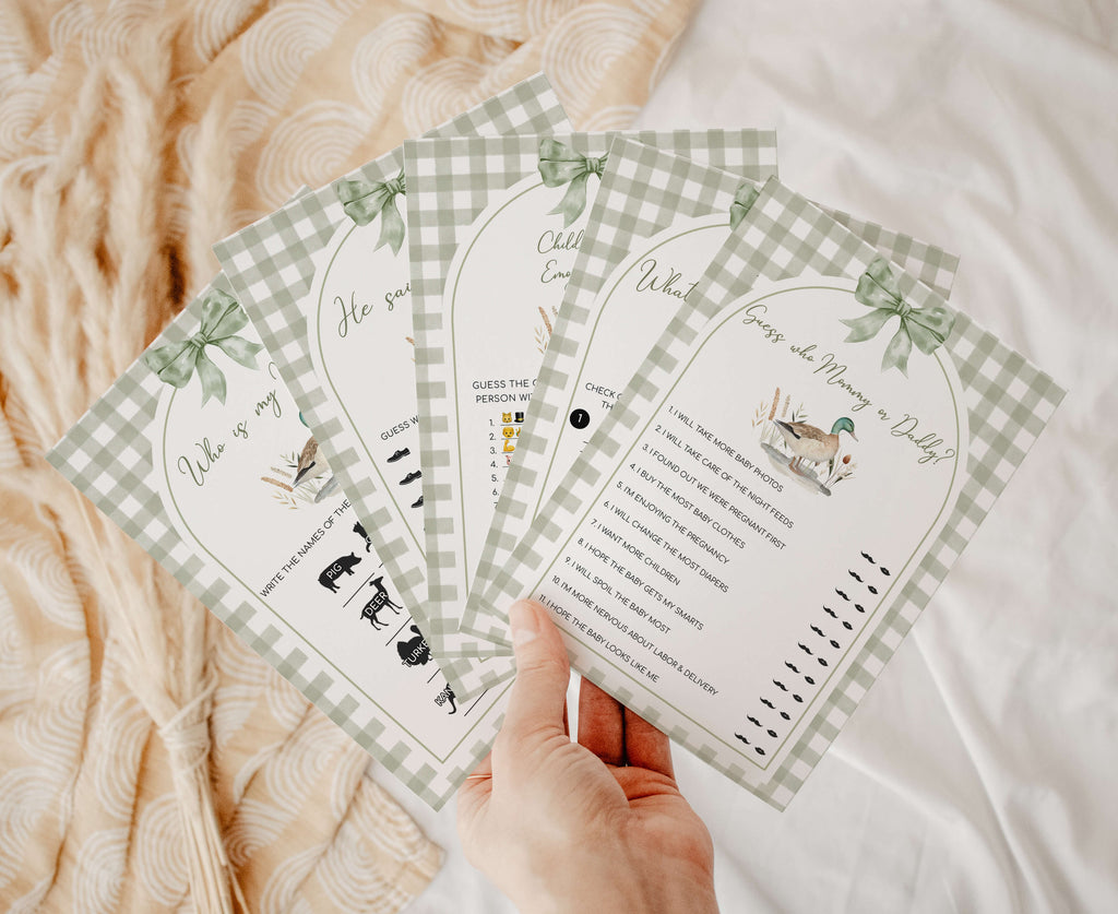 Sage green woodland duck baby shower games bundle, printable gender neutral theme