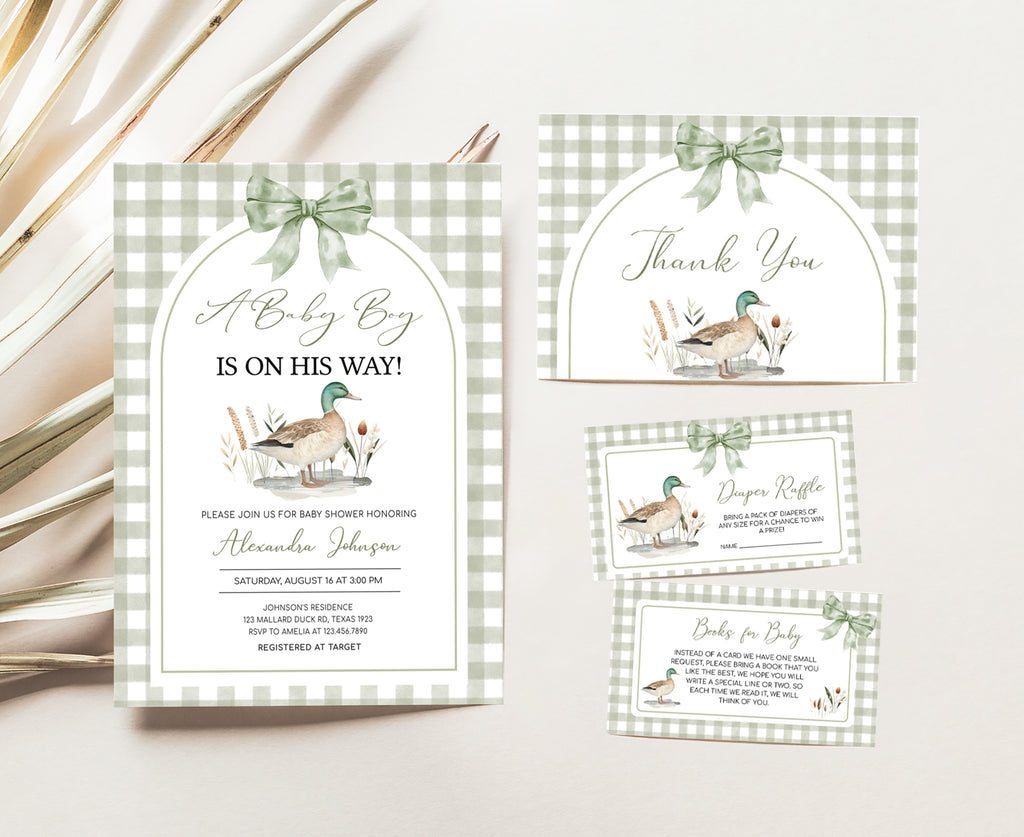 Sage green duck baby shower invitation set with gingham background and woodland theme