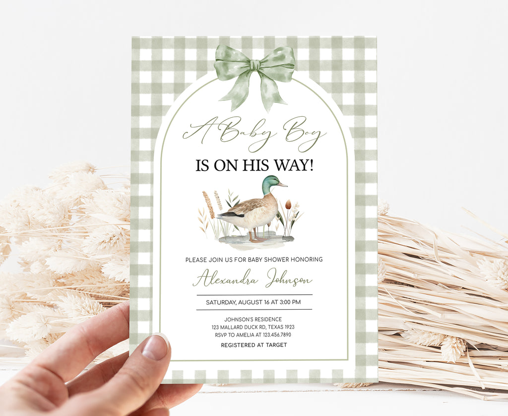 Sage Green Duck Baby Shower Invitation Template; Rustic Woodland Fall Baby Shower Invite