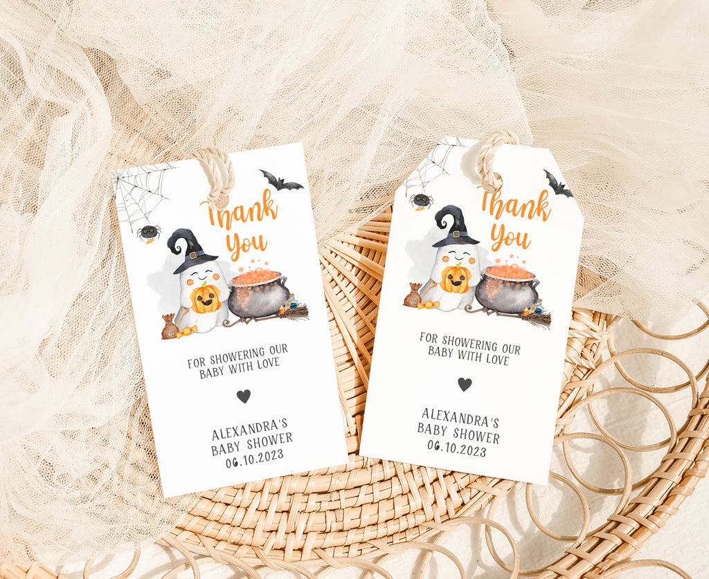 Halloween baby shower favor tags with ghost and pumpkin design, gender neutral party printable