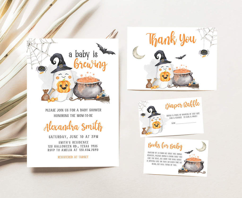 Halloween baby shower invitation set with ghost, pumpkin, and witch theme, gender neutral design