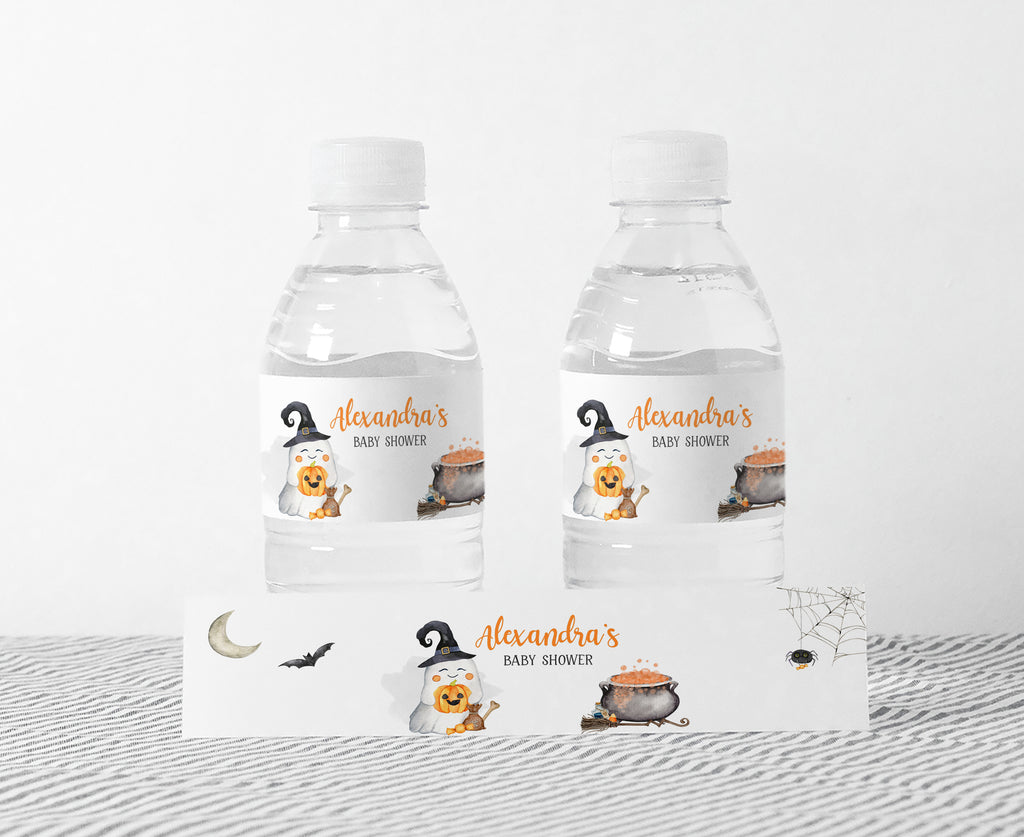Halloween baby shower bottle labels with ghost and pumpkin design, gender neutral printable decor