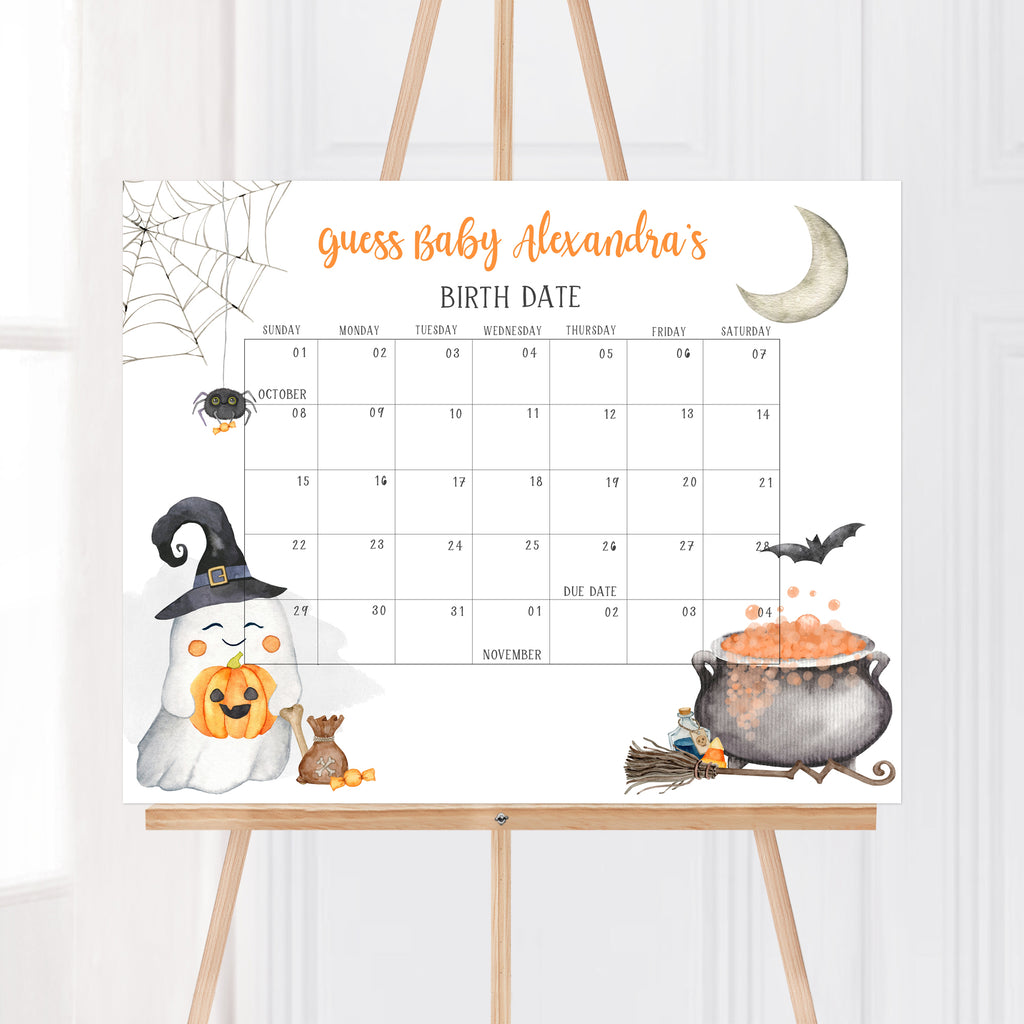 Halloween baby shower due date calendar with ghost, pumpkin, and witch theme for gender neutral parties