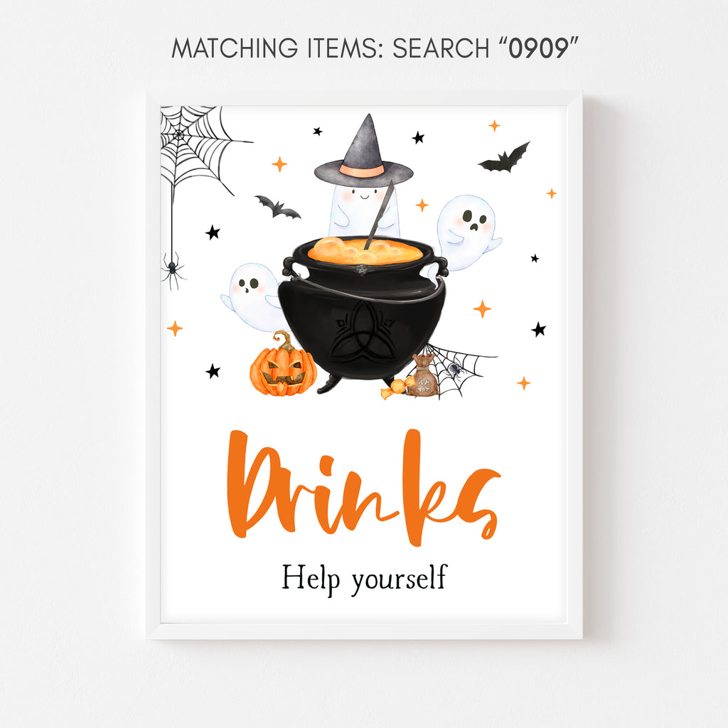 Spooky Halloween baby shower drinks sign with pumpkin, ghost & spiderweb – gender neutral autumn party decor