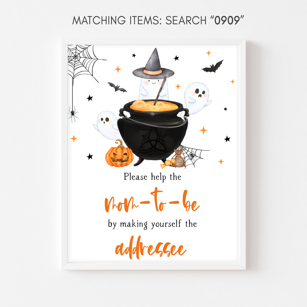 Halloween baby shower envelope station sign with pumpkin, ghost & cauldron – gender neutral spooky printable