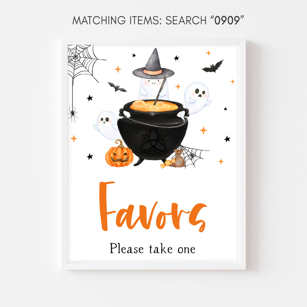 Halloween baby shower favors sign with ghost, pumpkin & spiderweb – gender neutral A Baby is Brewing theme
