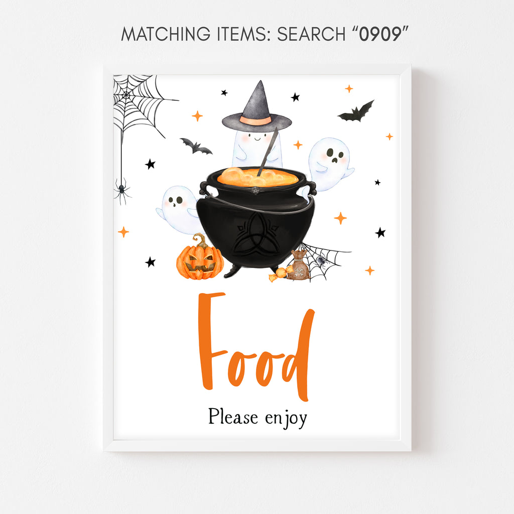 Halloween baby shower food sign with pumpkins, ghosts & witch cauldron – gender neutral spooky fall design