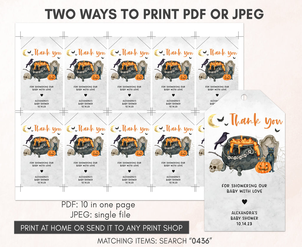 Halloween-themed baby shower thank you tags with text and graphics on a white background.