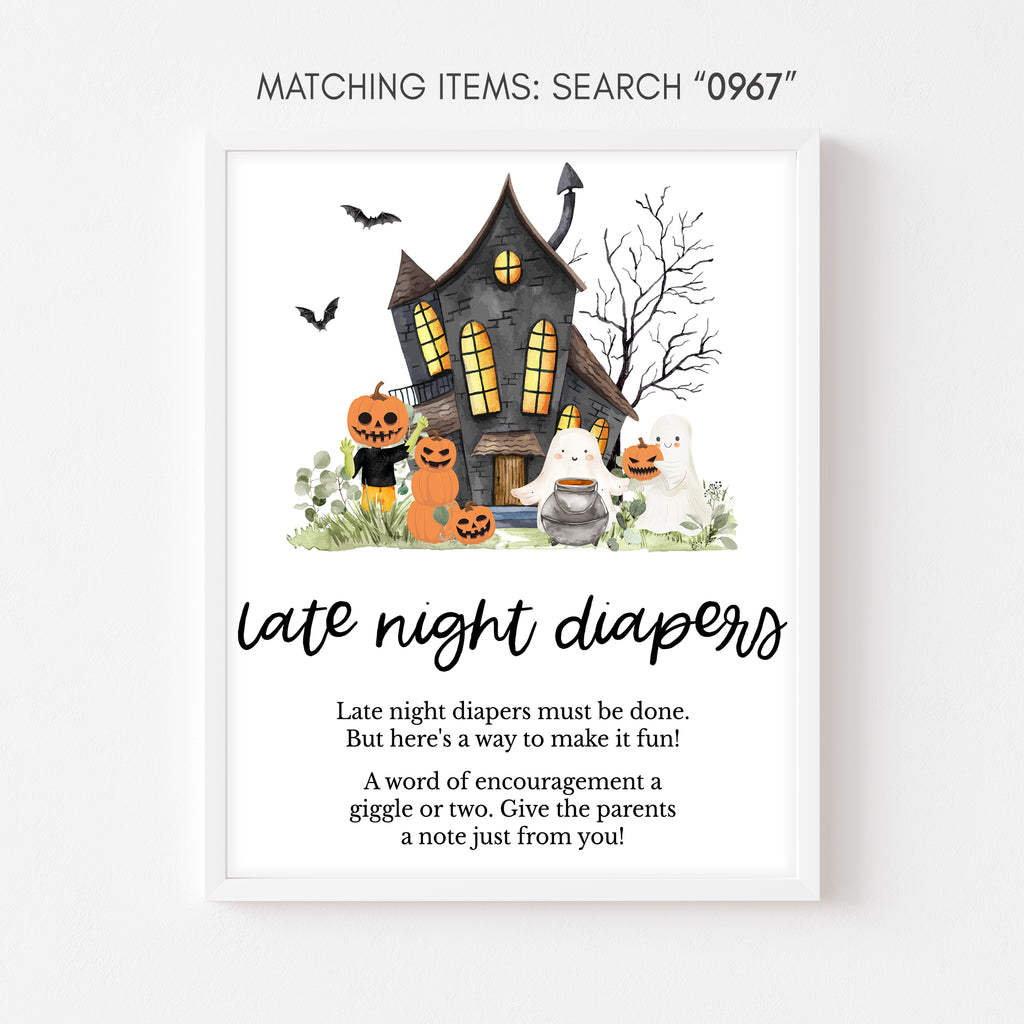 Halloween baby shower late night diapers sign with pumpkins, ghosts, haunted house little boo design