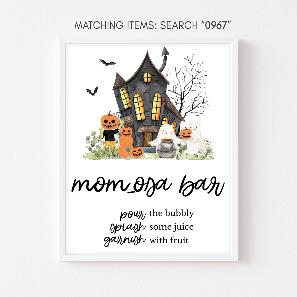 Spooky Halloween baby shower Mom Osa bar sign with pumpkins, ghosts, haunted house little boo theme