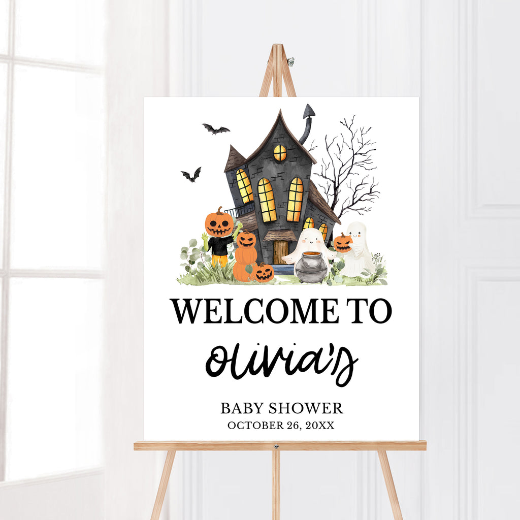 Spooky Halloween baby shower welcome sign with ghost and pumpkin design, gender neutral little boo theme