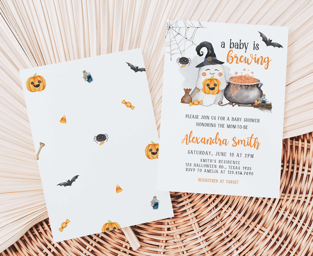 Editable witch and pumpkin baby shower invitation template
