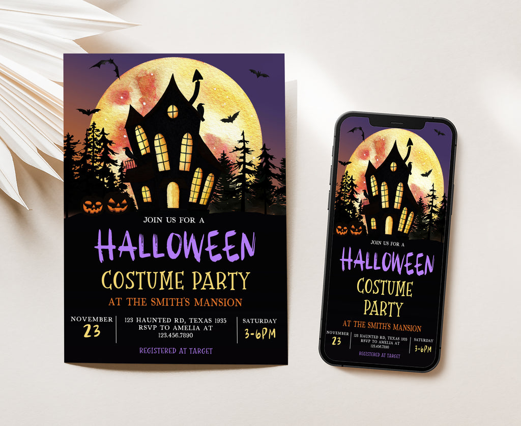 Unique Halloween party invite with bats and pumpkins design