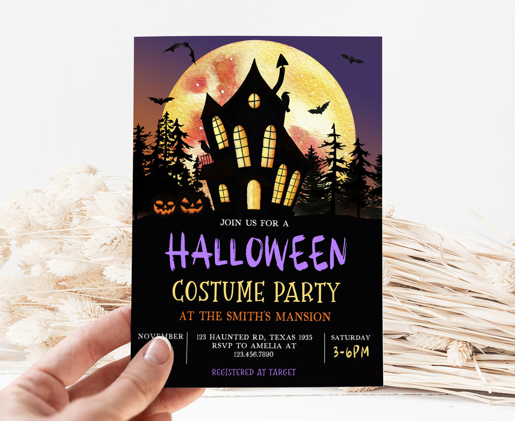 Printable haunted house Halloween party invitation template