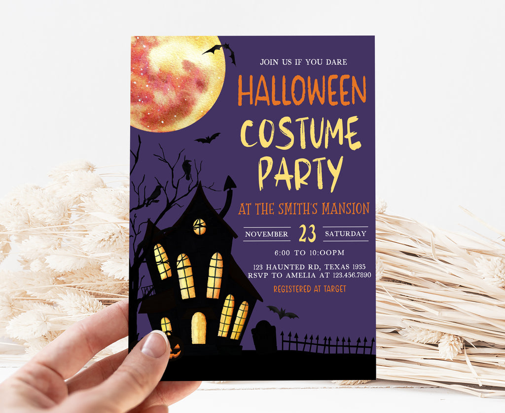 Editable purple full moon Halloween invitation with haunted house design