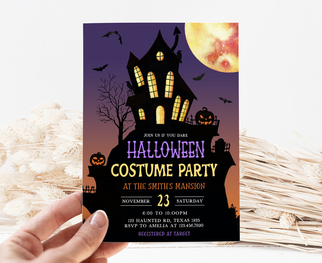 Customizable spooky night Halloween party card with bats and pumpkins