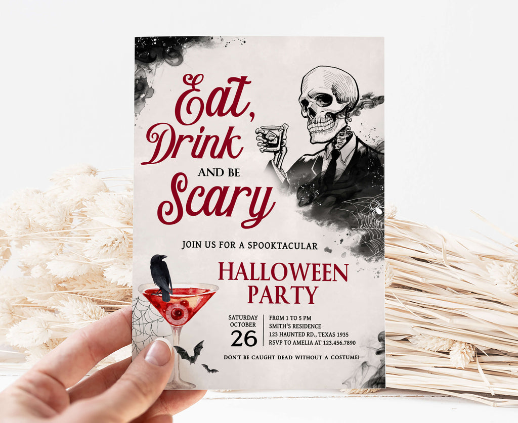 Elegant vintage Halloween party invitation with skeleton and cocktails