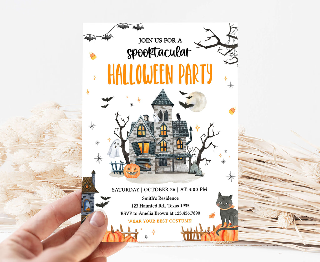Gothic haunted mansion Halloween party invitation with black cat