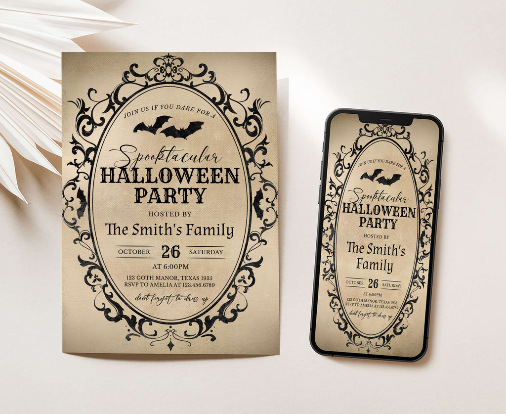 Black and beige Halloween invitation with vintage frame