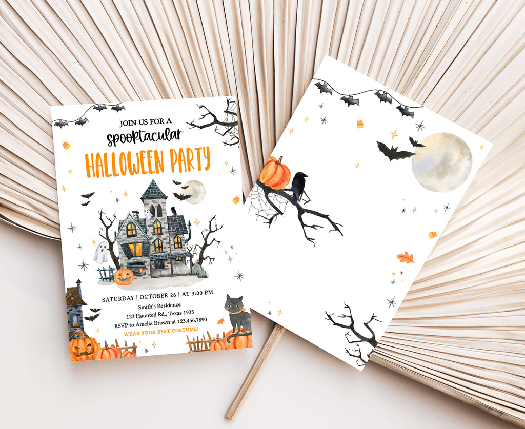 Creepy haunted house and pumpkin Halloween party invite