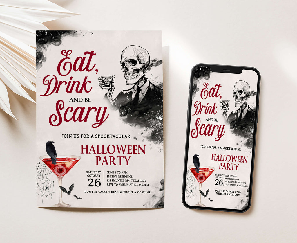 Skeleton-themed Halloween cocktail party printable invitation