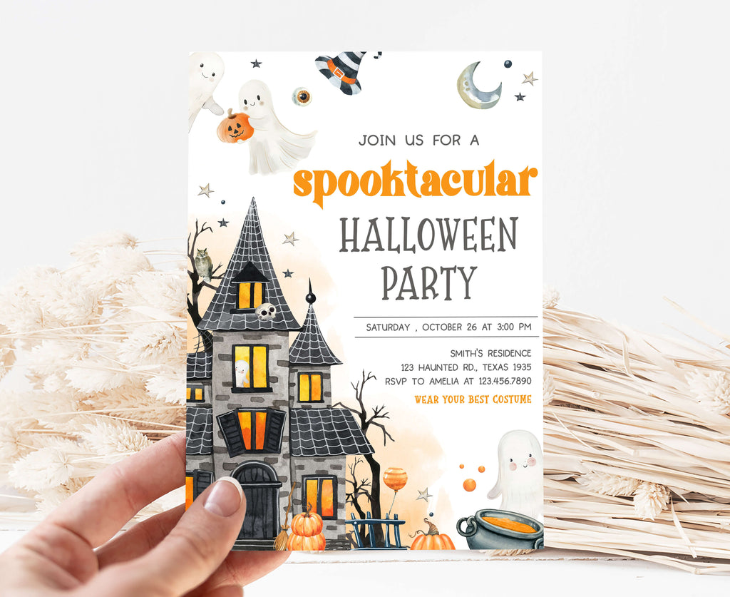Cute ghost and haunted house Halloween party invitation
