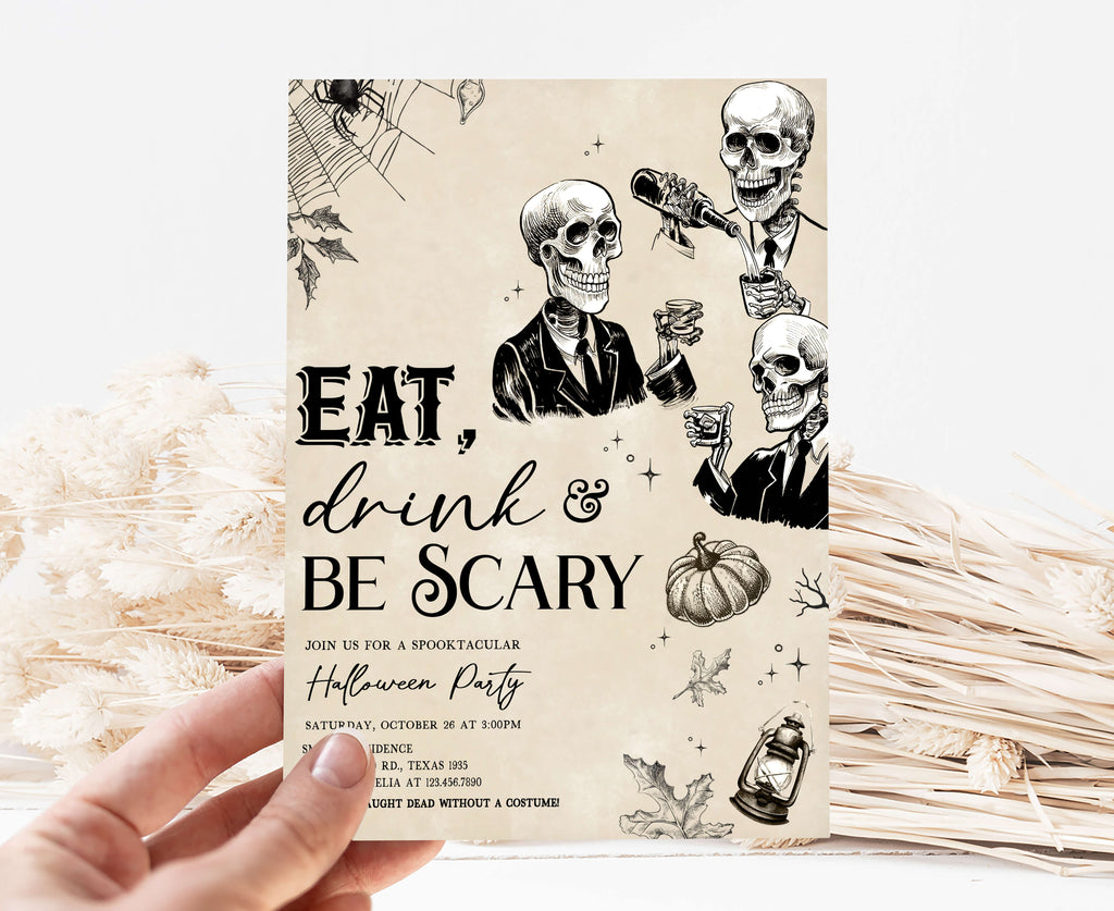 Vintage skeleton bartender Halloween invitation with pumpkin and lantern accents