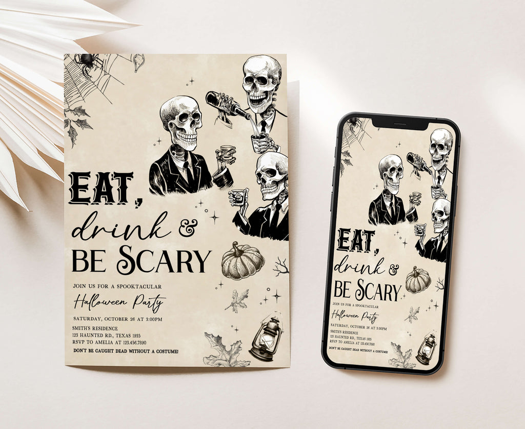 Unique gothic Halloween cocktail party invite with vintage illustrations