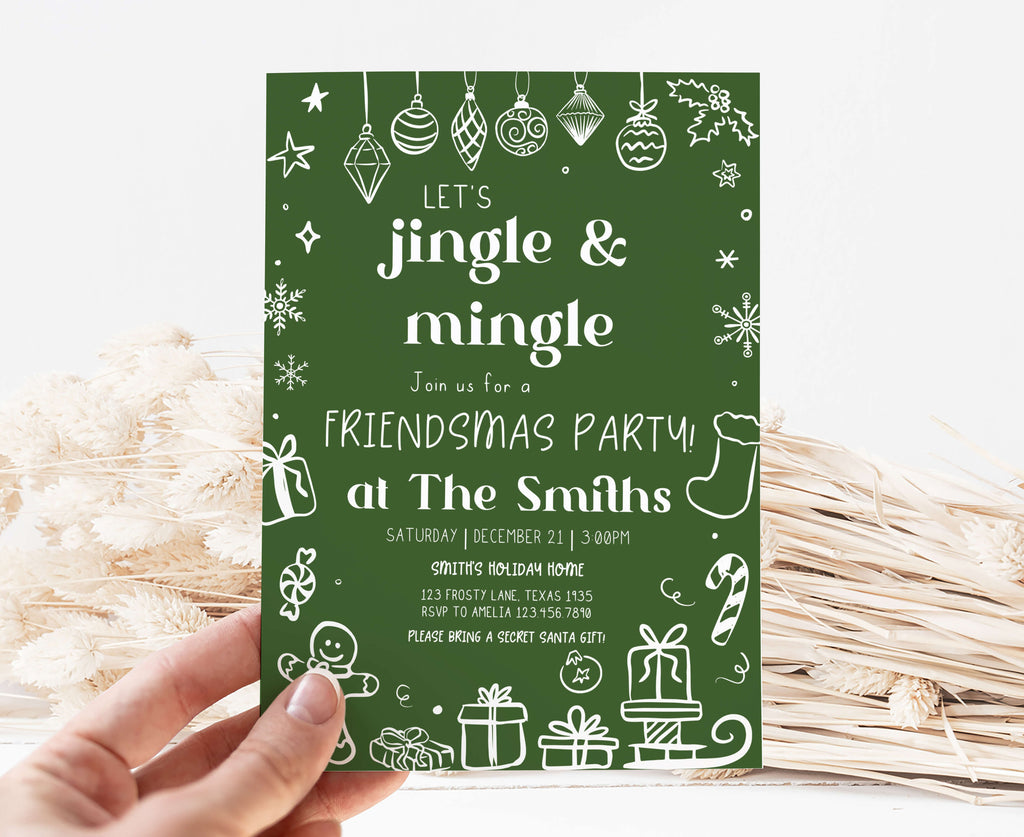 Green festive Christmas party invitation with ornaments and snowflakes