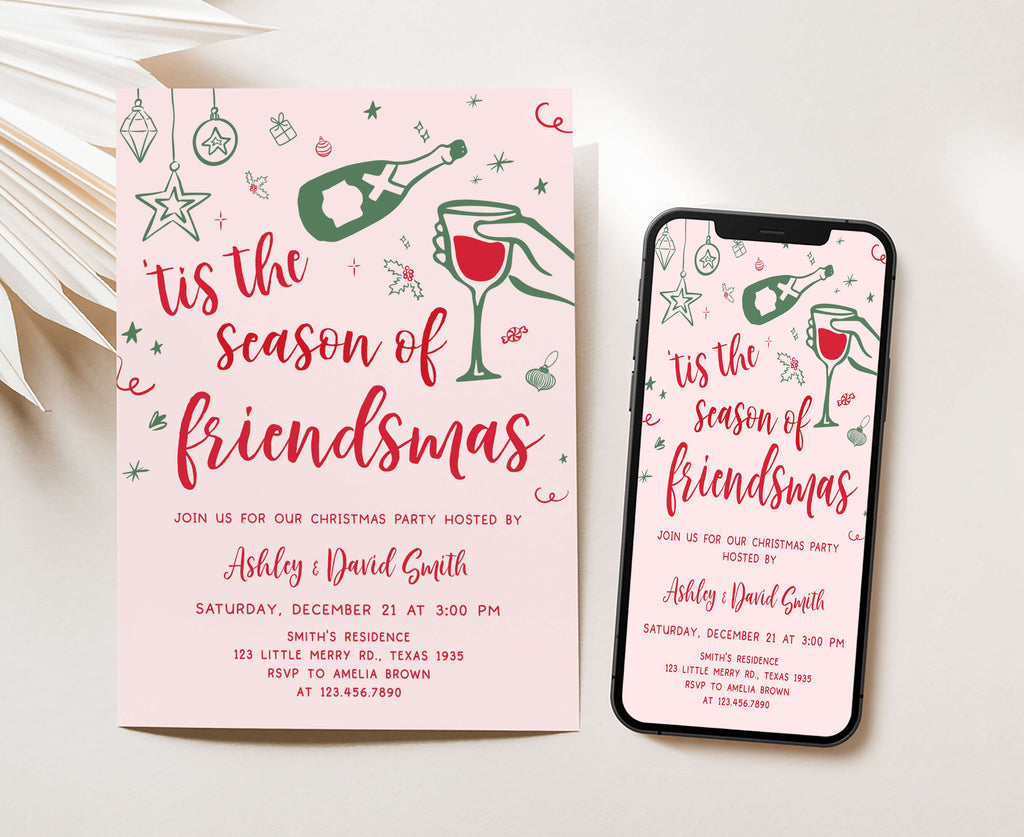 Editable Friendsmas invitation card with Christmas ornaments and holly