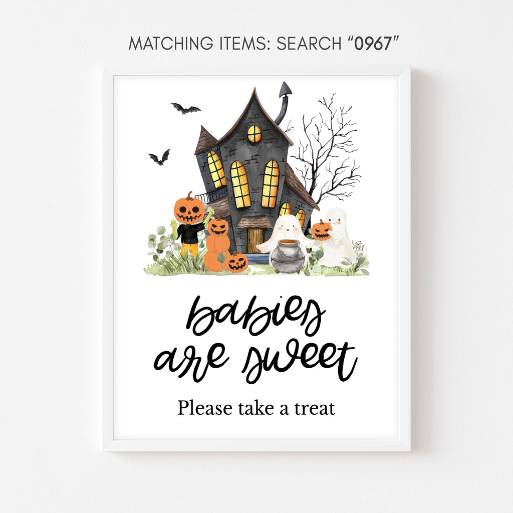 Halloween baby shower babies are sweet sign with pumpkins, ghosts, haunted house little boo design